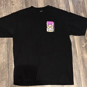 Black Short Sleeve Graphic Tee with Pink Anime Art